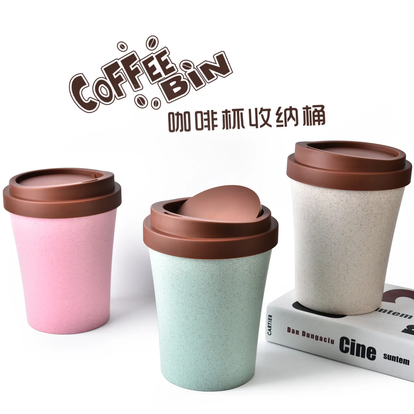 

Coffee cup storage bucket Desktop Mier cleaning bucket Round trash can Wheat straw storage bucket