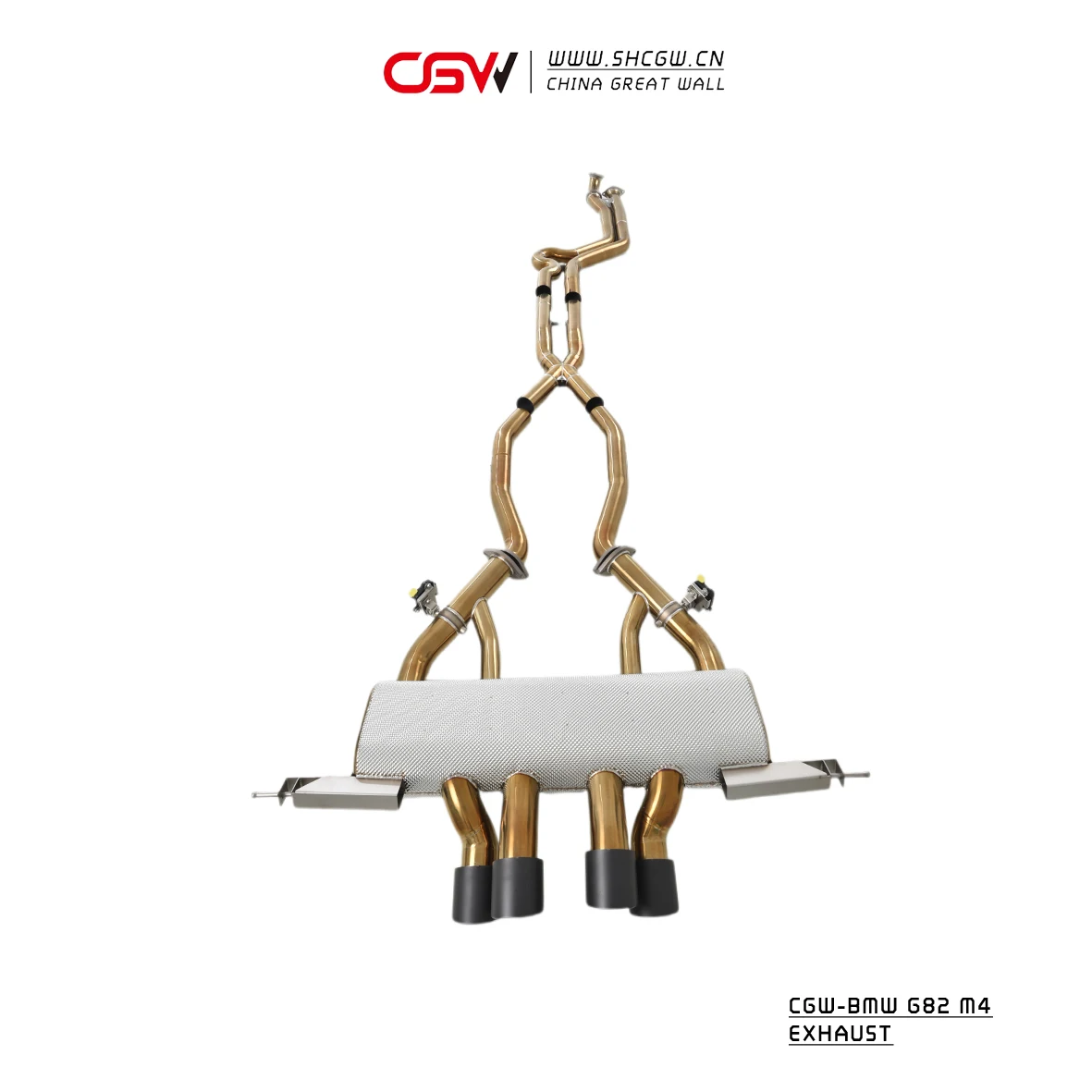 Sistema de escape completo de titanio dorado CGW Performance Cooked Gold de longitud igualada con puntas intermedias para BMW G80 G82 M3 M4