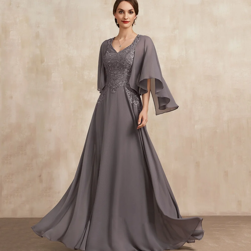 

Customized Mother Dresses Vintage V Neck Formal Gown A Line Bride Party Dress Lace Floor Length Chiffon robes invitée mariage