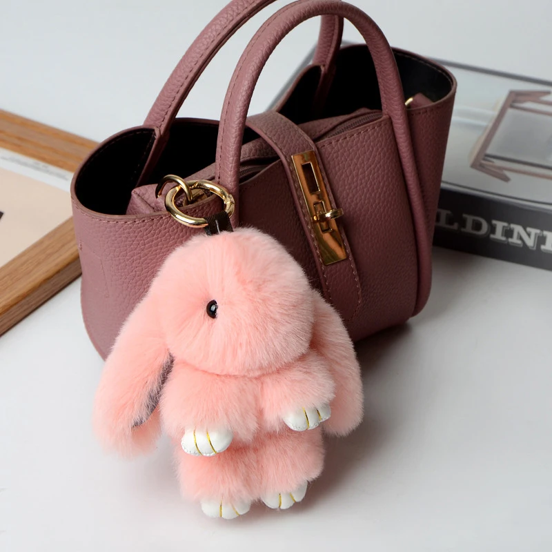 Rabbit Keychain Ring Fluffy Real Fur Pompon Bunny Trinket Key Chain Charm Cute Key Ring On Bag Car Key Pendant