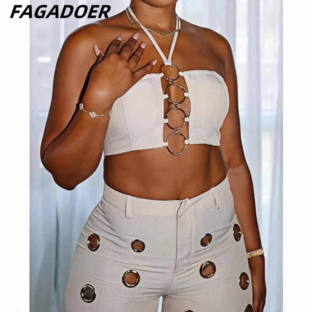 FAGADOER Sexy Solide Loch Breite Bein Hosen Streetwear Frauen Halfter Ärmellose Backless Crop Top Und Hosen Zwei Stück Sets Outfits