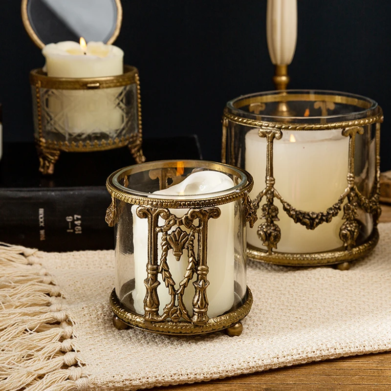 India imported retro brass glass dining table candlestick cup makeup brush lipstick storage jar light luxury home ornament