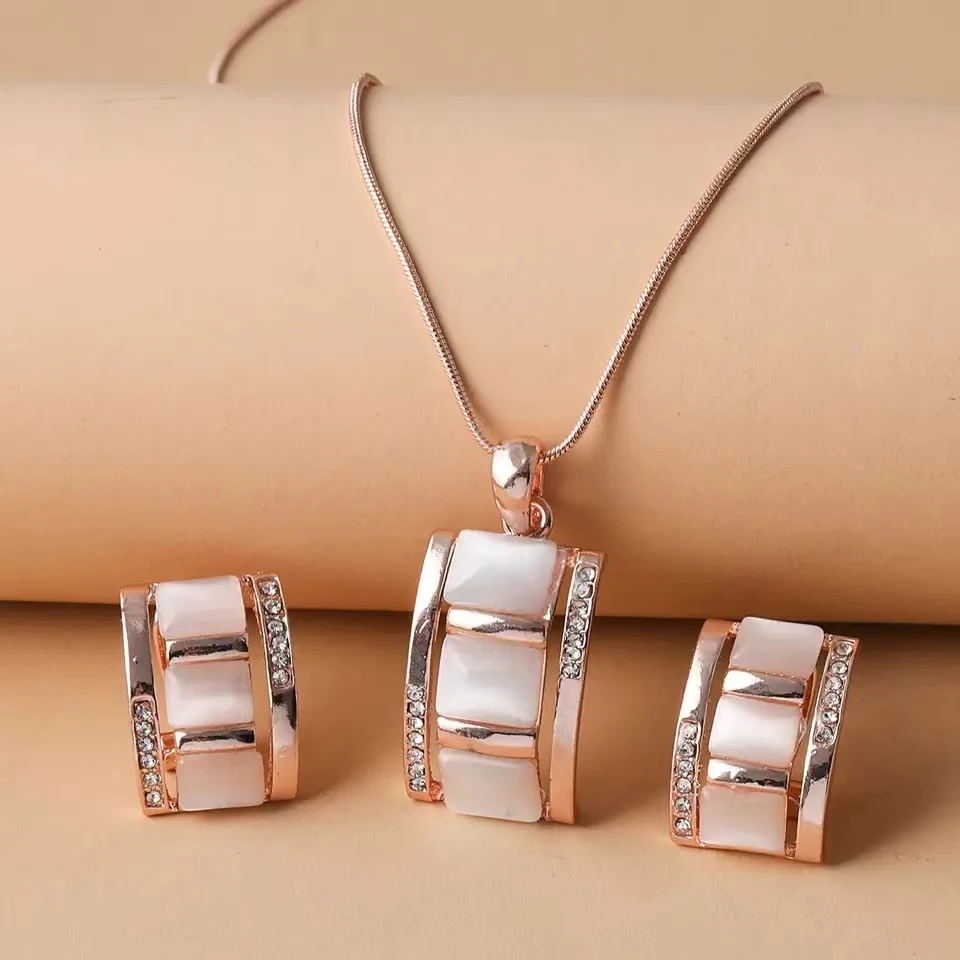 

Ladies Rectangular Opal Necklace & Earrings Jewelry Set Rhinestone Imitation Gemstone Pendant Stud Birthday