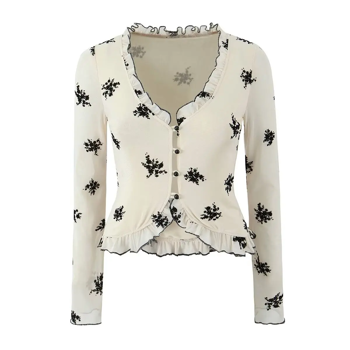 

Spring 2025 Women Floral Ruffle Crop Shirt Long Sleeve V Neck Slim Mesh Tops Female Holiday Casual Blouse