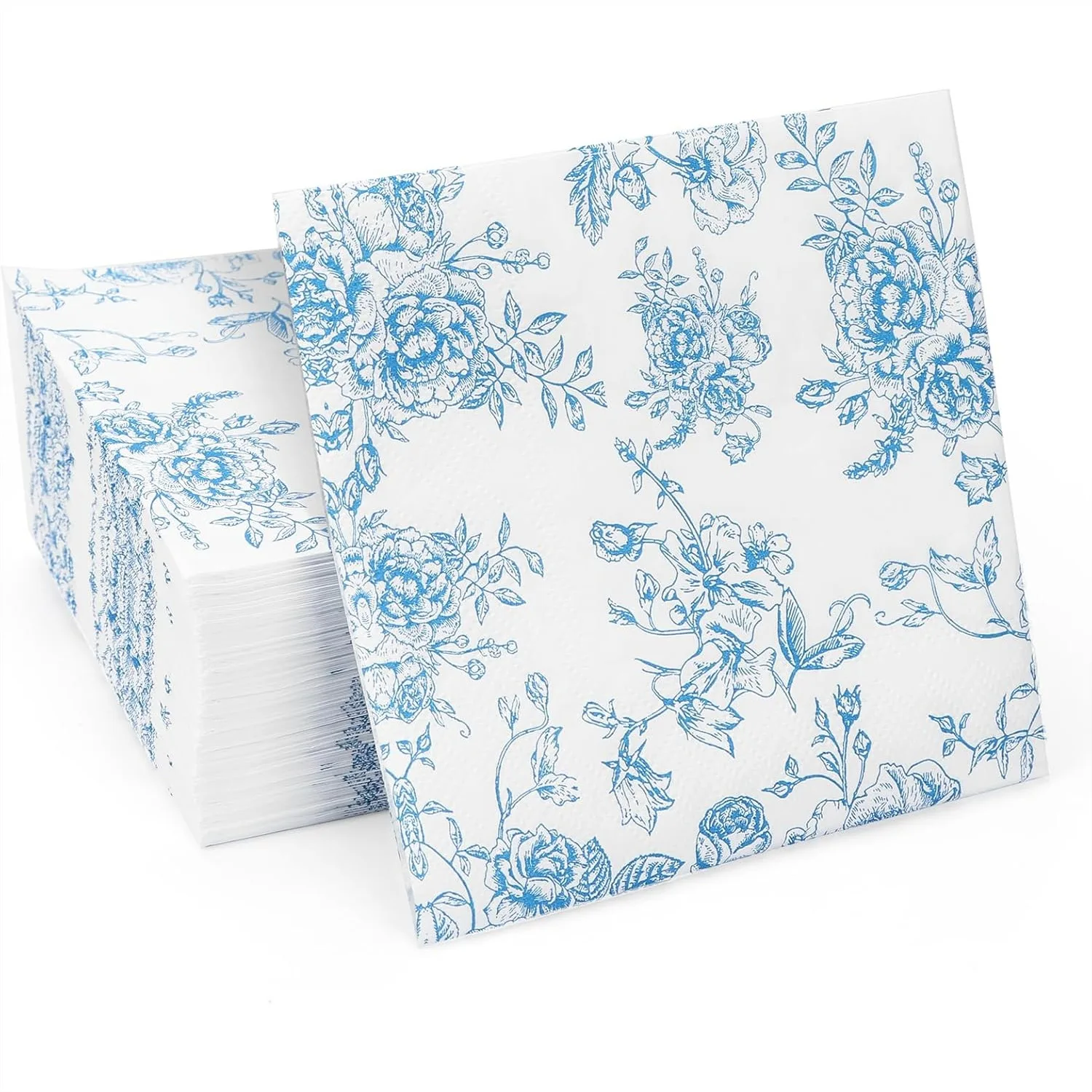 

100 Pack Blue Floral Cocktail Napkins Disposable Guest Towels for Bathroom, Bridal Shower, Tea Party, Garden Party