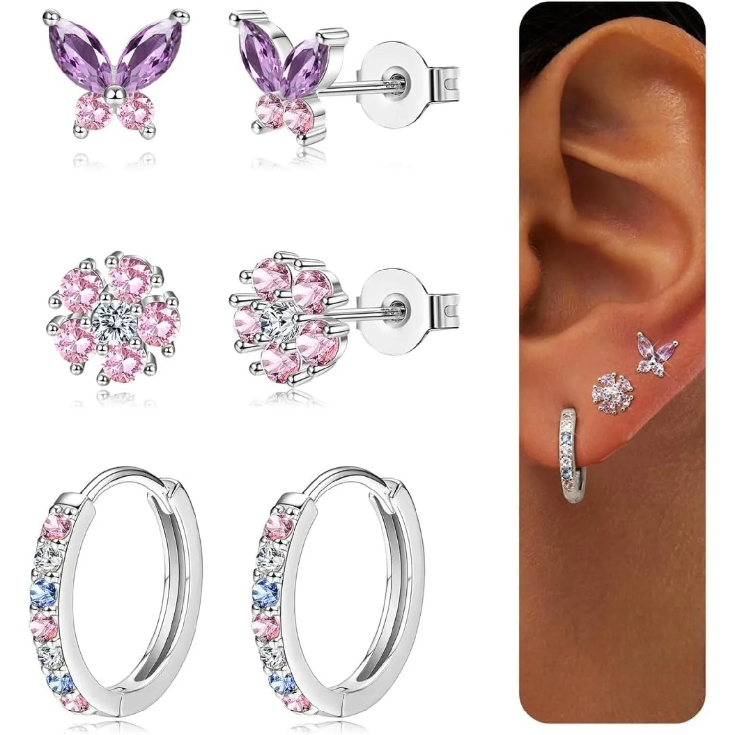 

Florideco 3Pairs Silver Needle Earrings for Women Stud Hoops Earrings Set Dainty Flower Butterfly Earrings for Multiple Piercing