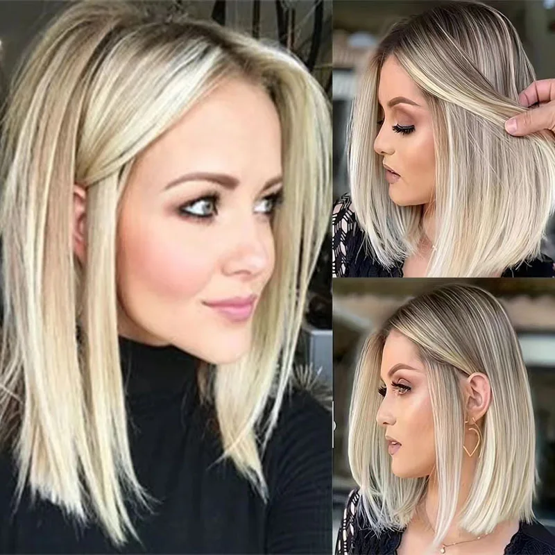 

European and American Style Wig for Women, Middle Part, Top Dyed, Collarbone Length, Synthetic Gradient Short Wig