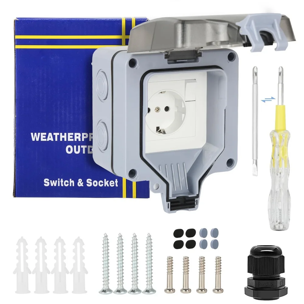 

EIOMR EU Standard IP66 Waterproof Single Socket 16A with Switch,110-250V for Outdoor Garden/Parking Use,Applies To Germany Spain