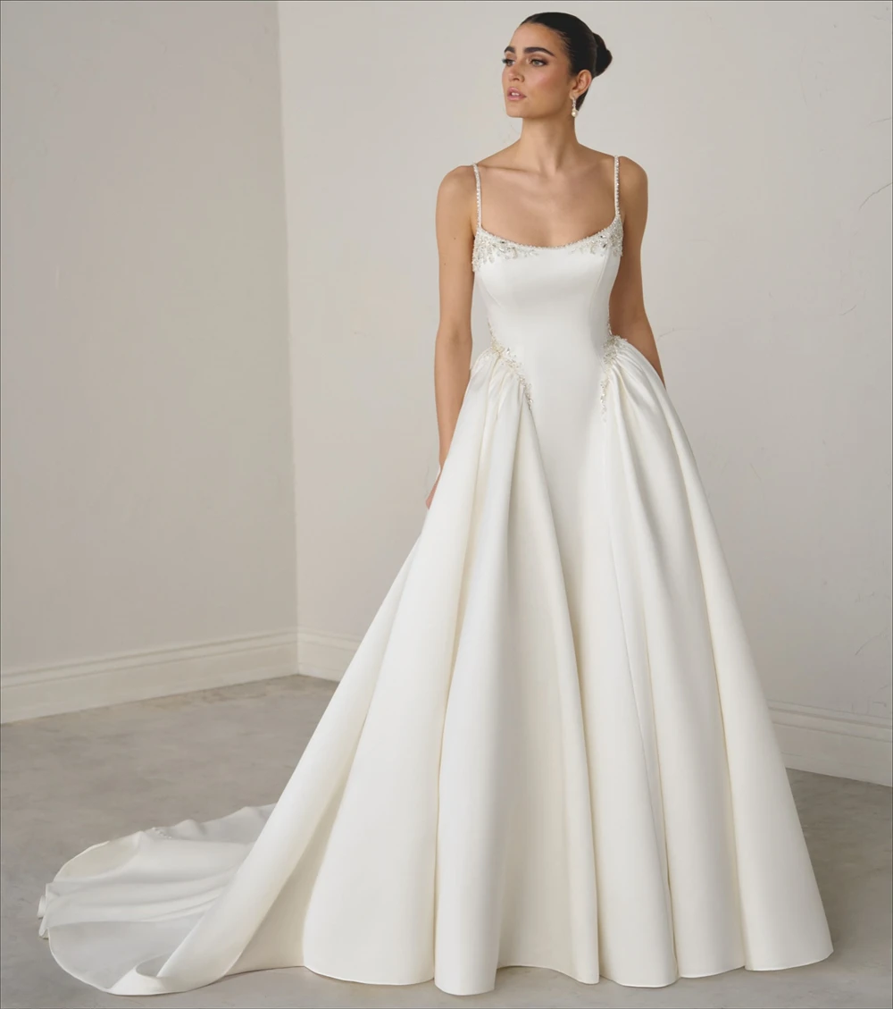 

Customized Charming White Satin Wedding Dress Elegant Scoop Sleeveless Bridal Gowns Boho A-Line Court Train Vestido De Novia