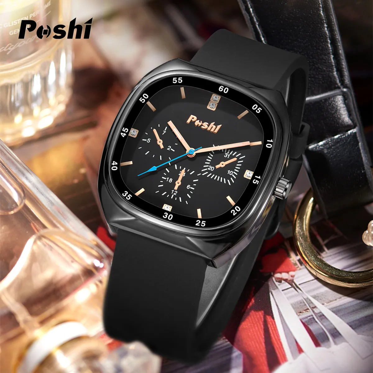 POSHI Fashion Watch for Women Square Quartz Wrist Watches Soft Silicone Strap Green Color Casual Ladies Bracelet Gift