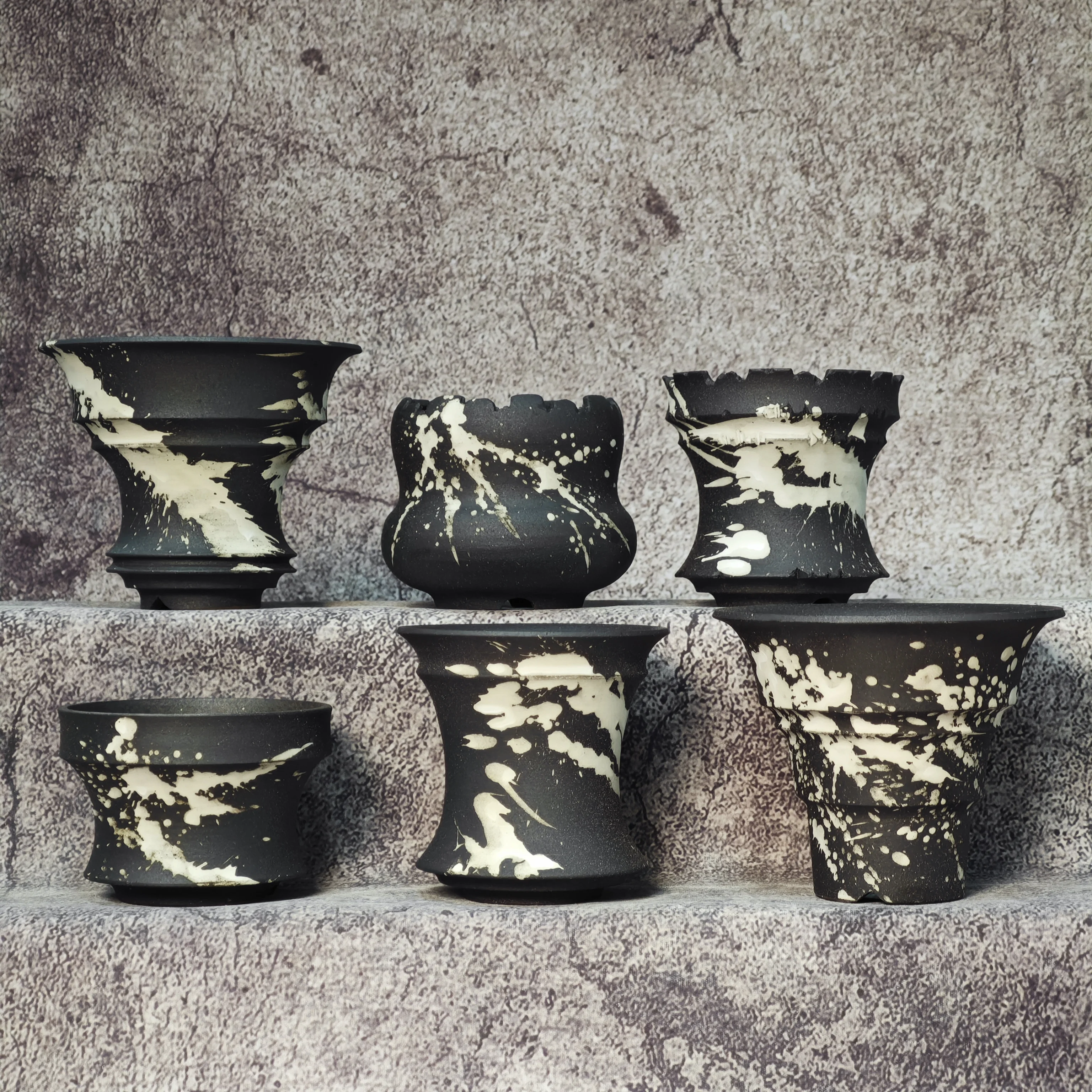 Small Caudex Plant Pot, Black And White Splash Ink Ceramic Planter, Hand Carved Unique Flower Pot For Olive Caudex, Agave & Cact