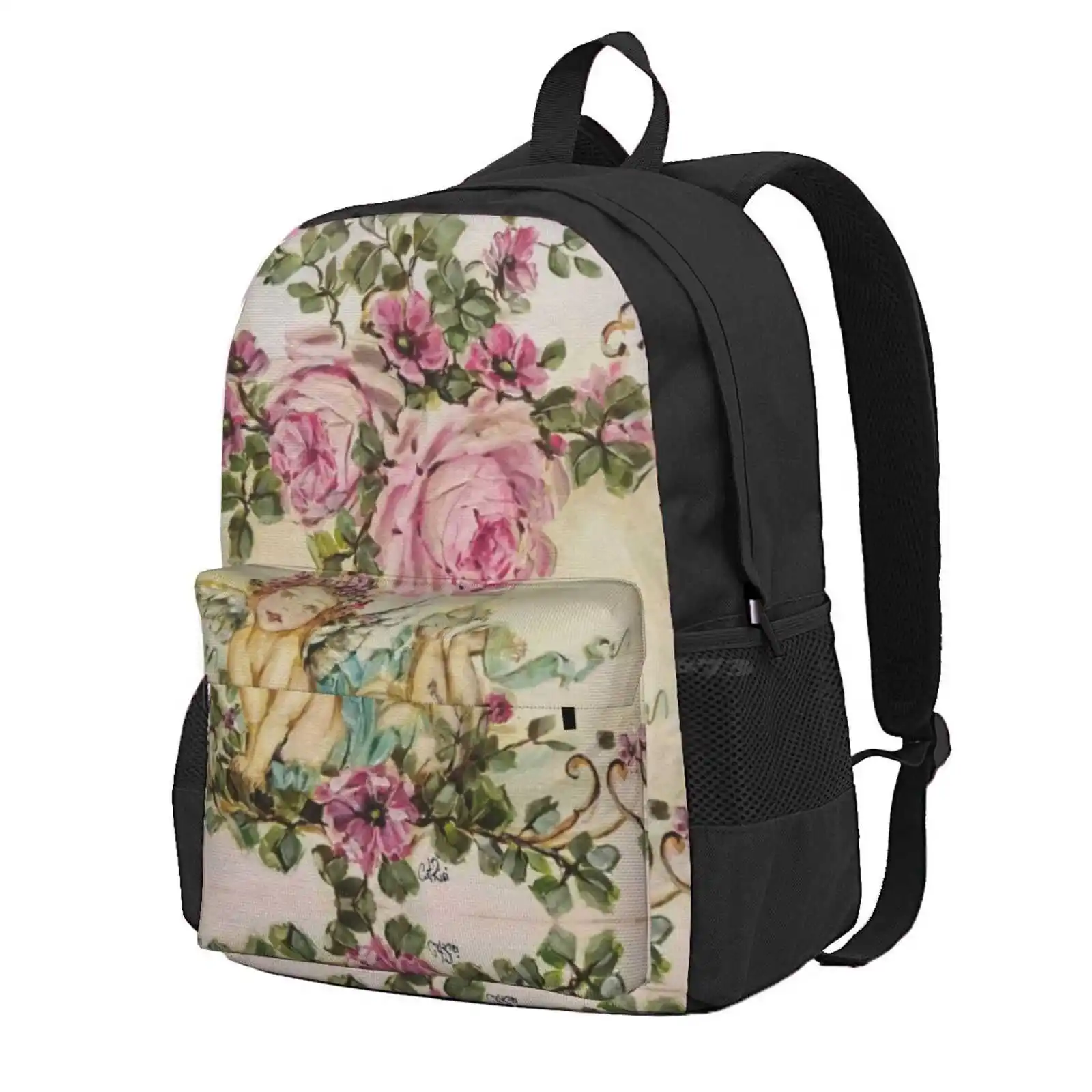 Sweet Cherub And Pink Roses Shabby Chic Hot Sale Schoolbag Backpack Fashion Bags Shabby Chic Pink Roses Rose Paintings Hand