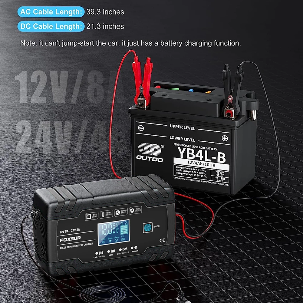 Foxsur เครื่องชาร์จกระบอกบดพริกไทย12V 24V 8A, เครื่องชาร์จแบตเตอรี่ดิจิตอล3ขั้นตอนการซ่อมพัลส์สำหรับเจลกรดตะกั่วแคลเซียมเปียก