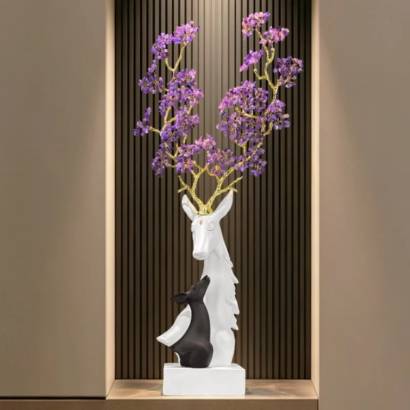 Resin Mother and Baby Deer Figurine Natural Amethyst Antler Statue Nordic Home Desktop Ornament Living Room Entrance Decor Gift