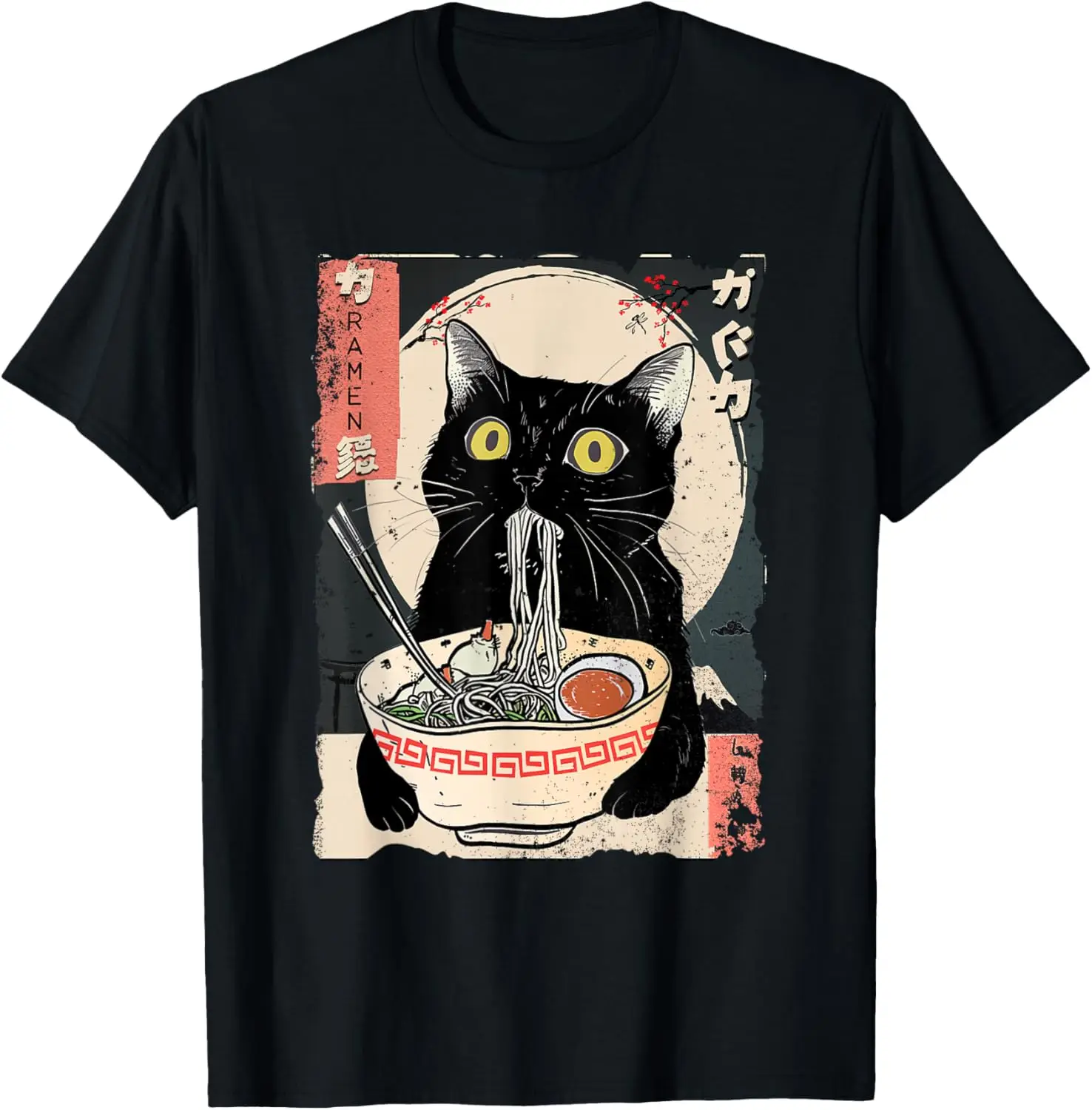 

Black Cat Eating Ramen Noodles Japanese Ukiyo E Graphic Tee Anime Style Casual Cotton T-Shirt Men
