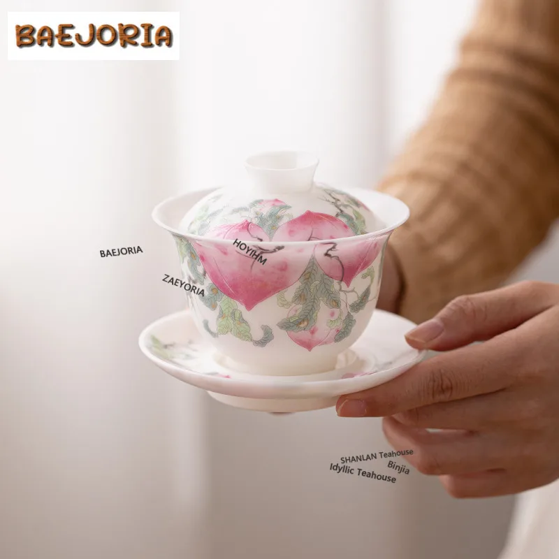 150ml Icy Jade Porcelain Overglaze Color Peach Gaiwan Japanese Tea Tureen Tea Bowl With Lid Kit Tea Maker Cover Bowl Cha Craft
