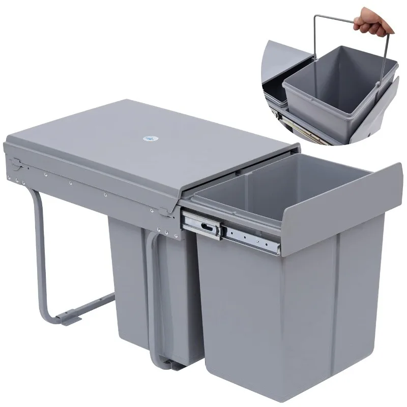 40 Liter / 10.6 Gallon Dual Pull Out Trash Cans Under Cabinet Counter/Sink with Lid - Commercial Garbage Can Recycling C