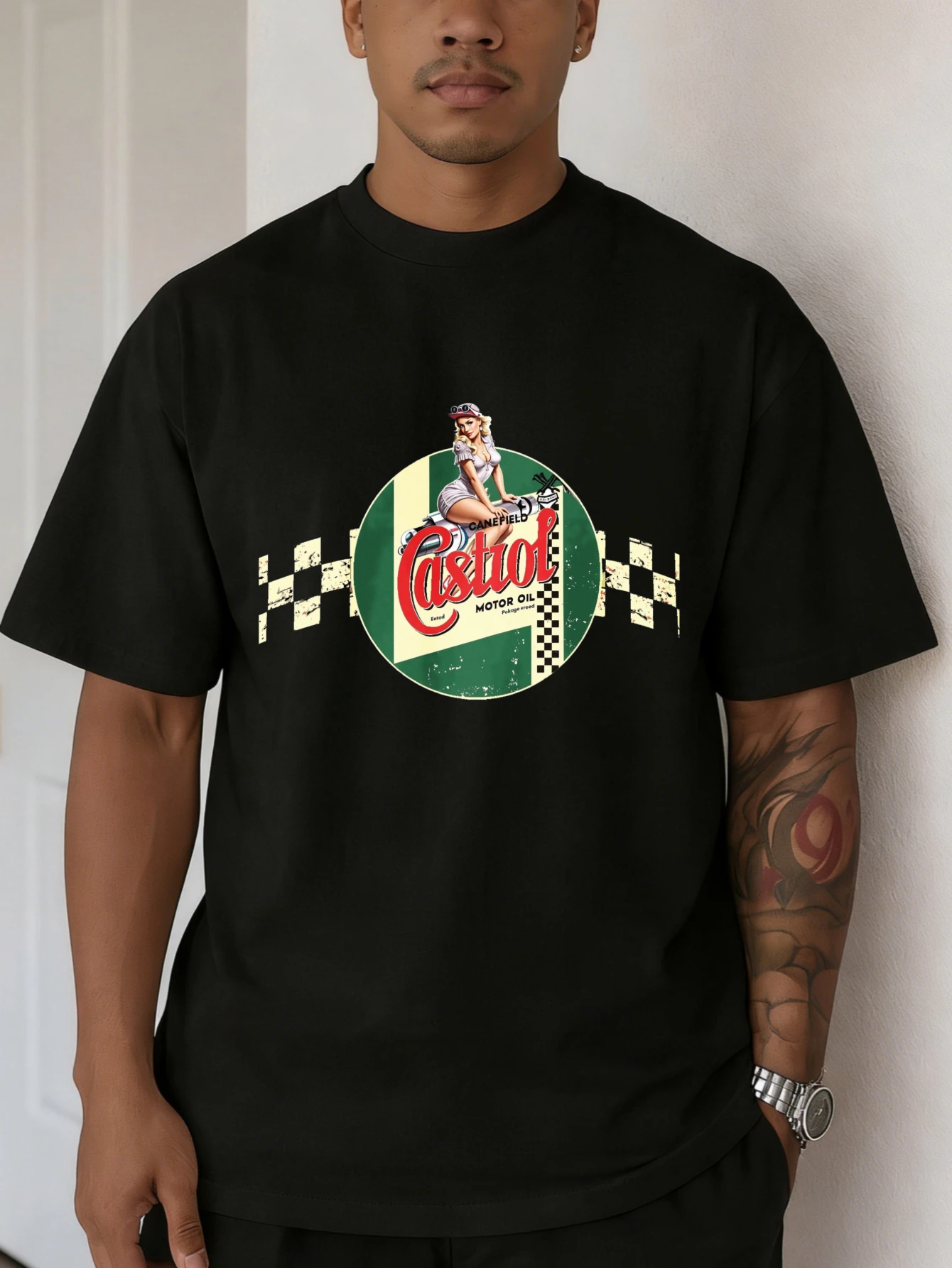 

Mens Streetwear Printed T Shirts Retro Carlton Racing Checkered Flag Oversized Cotton Casual Summer Short Sleeve Tshirt for Men