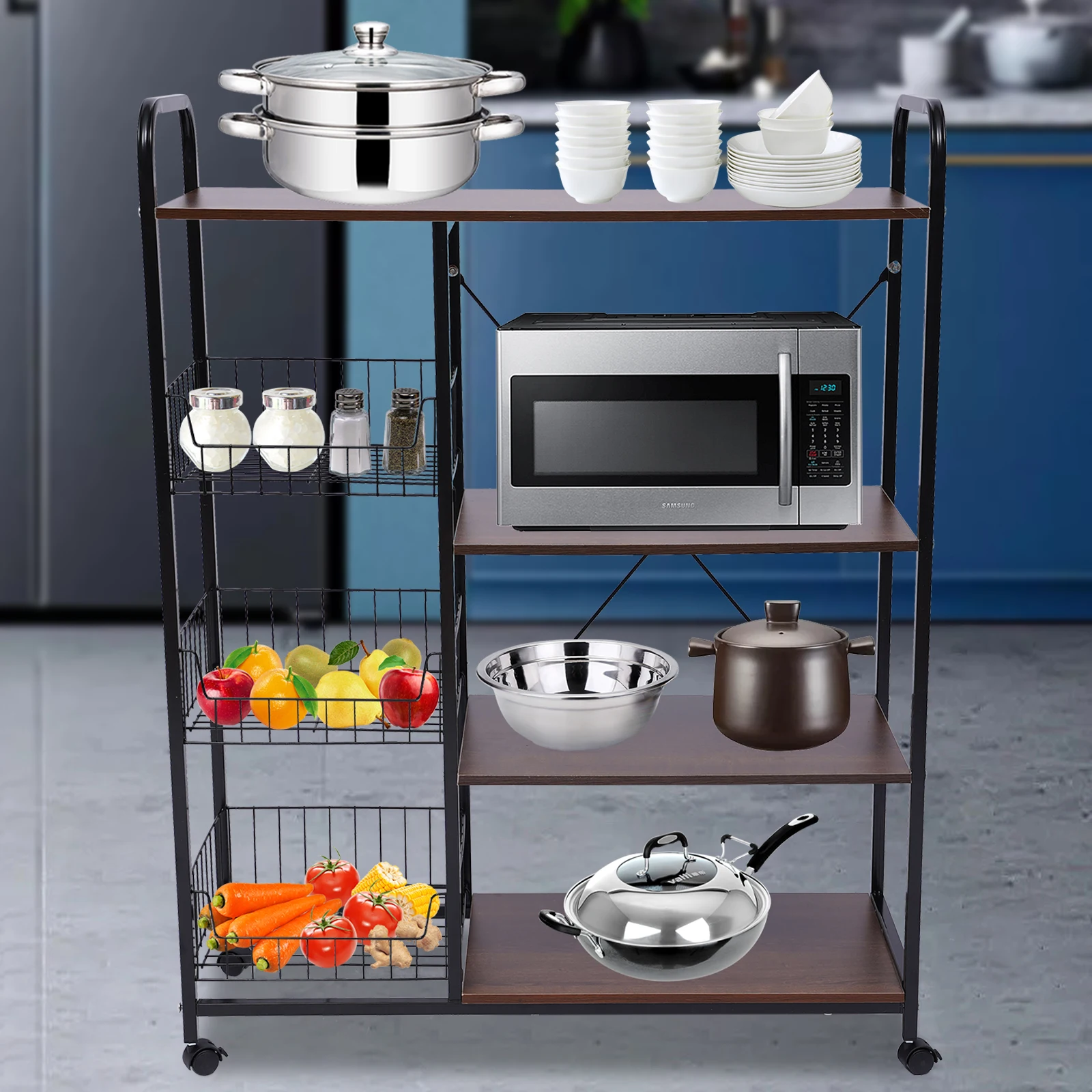 

4 Tiers Rolling Kitchen Storage Shelf Bakeware Organzier Rack w/ Shelves & Wire Basket