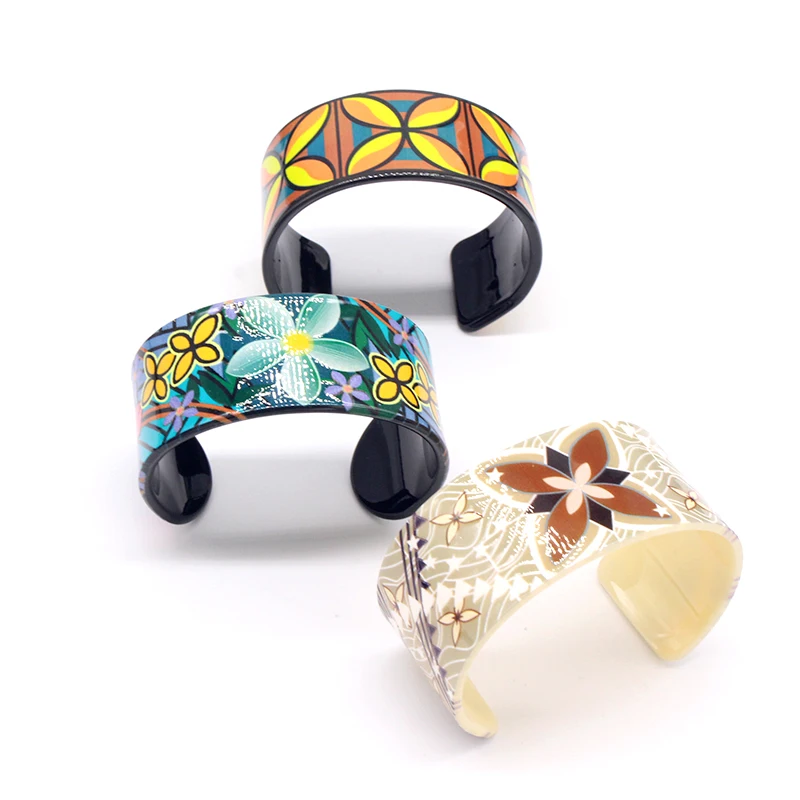 1Pcs Ethnic Color Flower Plant Painted Bangle Cuff Bracelet Women Acrylic New Fashion Retro Open Big Wide Bangle Wedding Jewelry