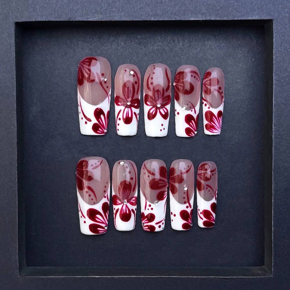 

10 шт., средняя квадратная водопроводка, белая, Франция, винно-красный, ретро, персиковый цветок, пресс для ногтей, полное покрытие, накладные кончики пальцев, маникюр, искусство