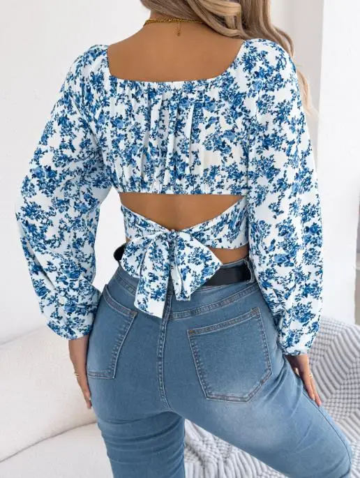 

Лидер продаж 2025 года, Новое поступление, шифоновая рубашка с цветочным узором и рукавами-фонариками, завязанная на талии - повседневная и стильная