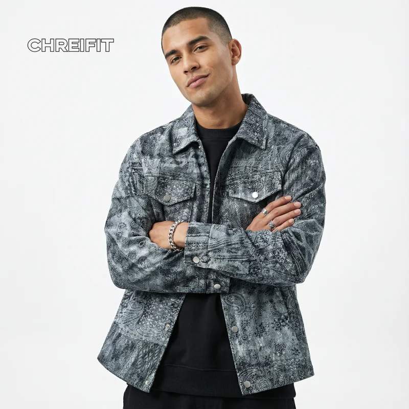 

Men's Denim Jacket Printed Light Blue Oversize Casual Shirt Men Streetwear Fashion 2026 Mexico Brazil Argentina Chile