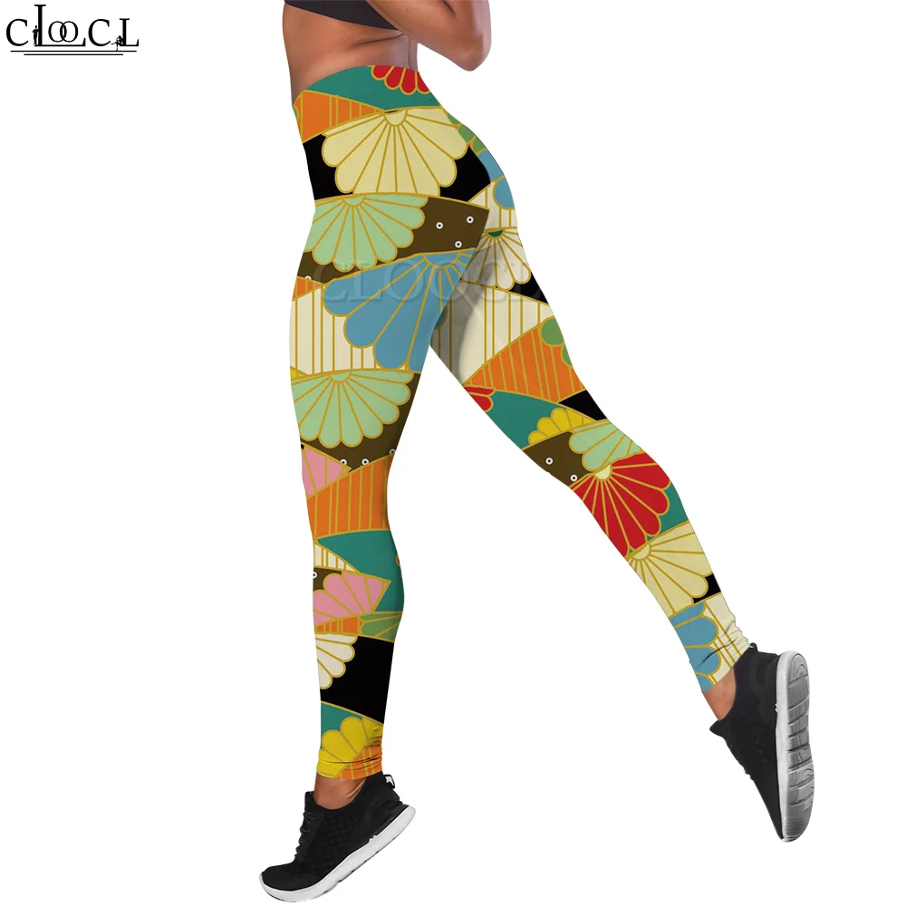 CLOOCL Trendige Leggings für Damen, Retro-Fan-Druck, Freizeithose, Fitnesshose, Outdoor, Bergsteigen, Joggen, Yogahose