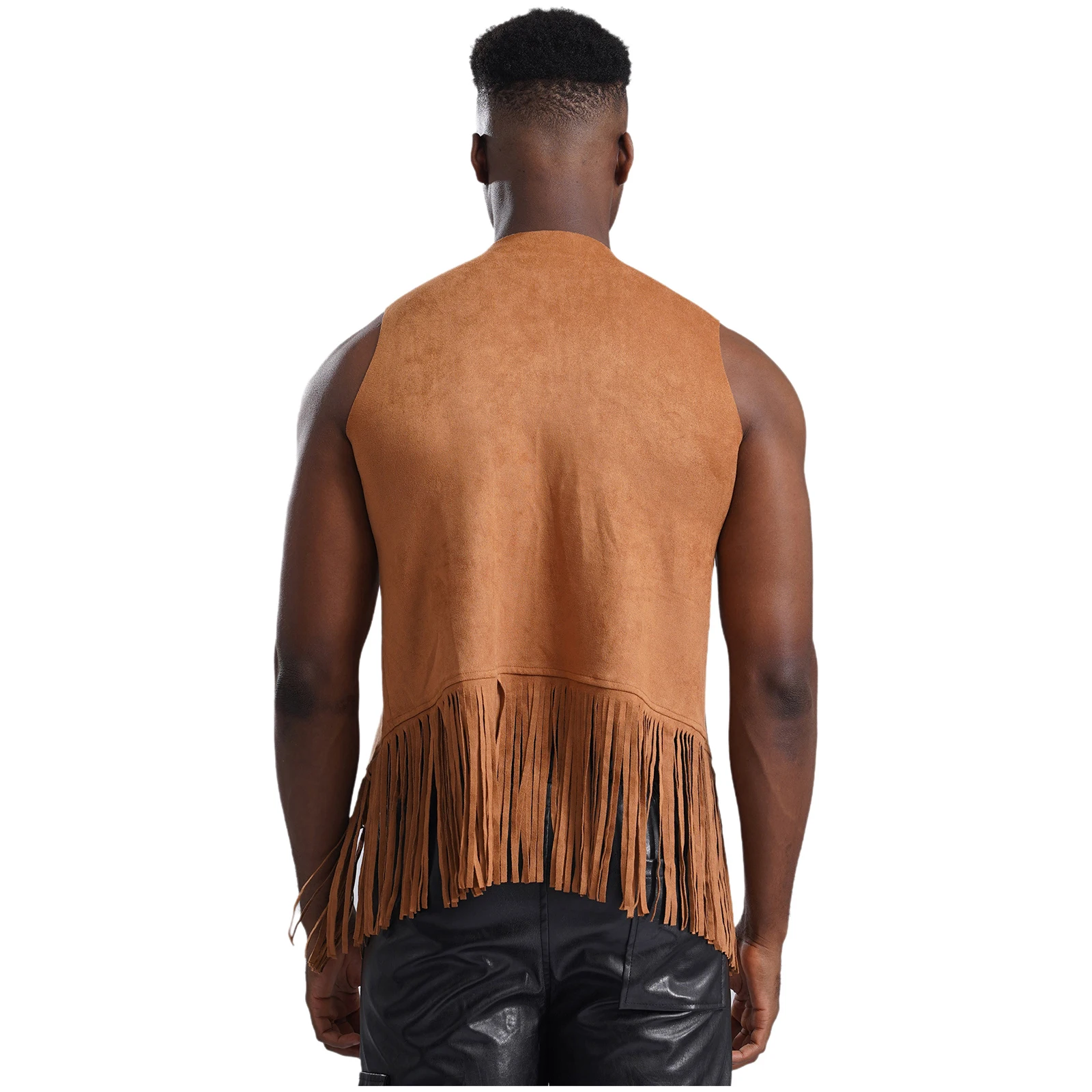 Men Fringed Faux Suede Rivets Waistcoat Western Cowboy Sleeveless Tassel Jacket Vest Carnival Music Festival Performance Tops