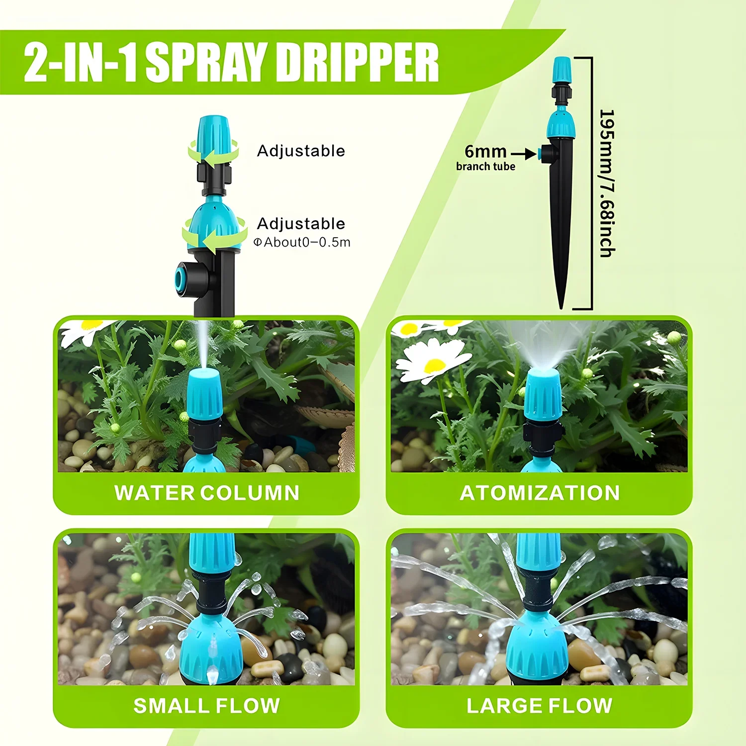 2 in 1 Drip Irrigation Transmitter with Atomizing Nozzle for 1/4 Inch Pipe 360 Degree Adjustable Flow Dropper for Garden Water