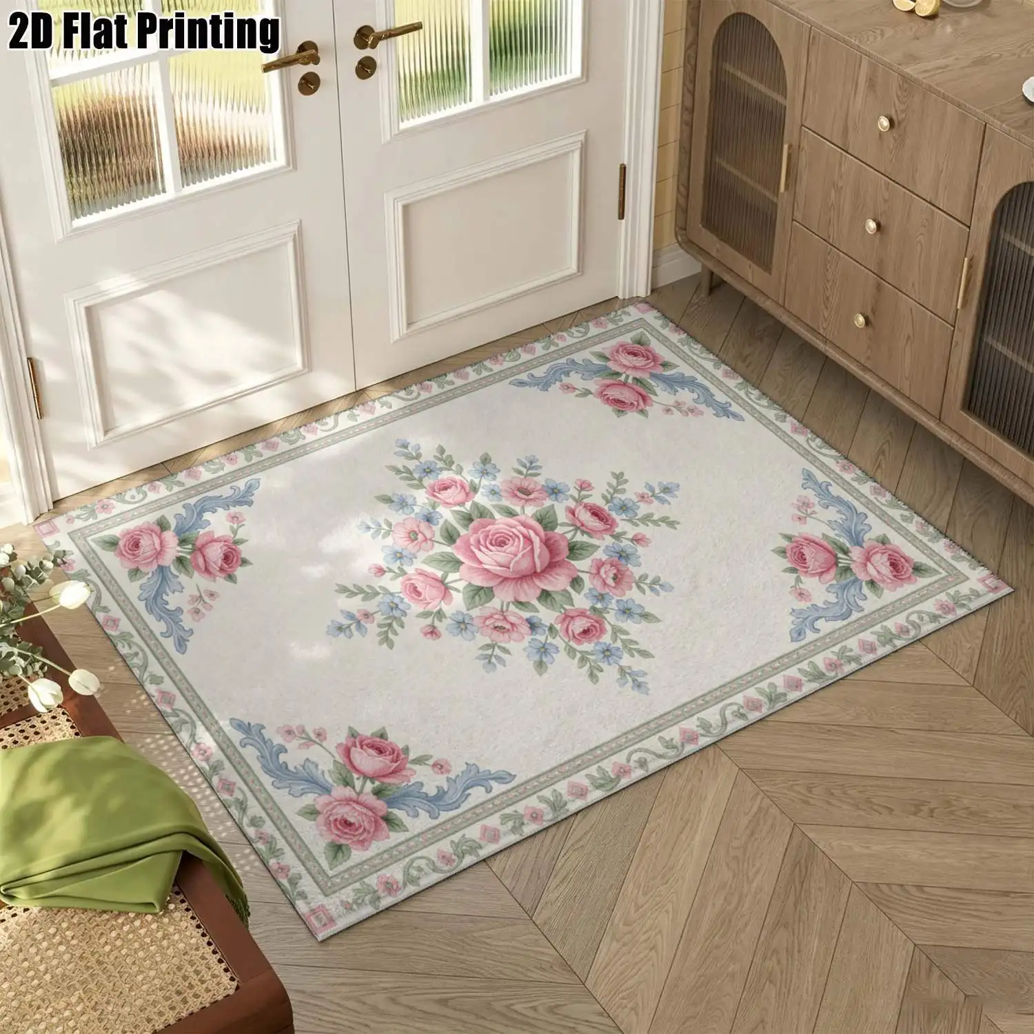 1Pc 2D Printed Pink Blue Rose Floral Carpet, Retro European Style, Home Decor, Multi-Size, Machine Washable, Multi-Scene Use