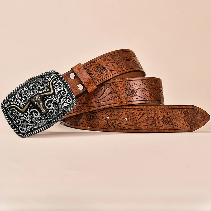 Cinturón De Cuero Para Mujer Con Hebilla De Toro Decorada - Estilo Vaquero, Grabado Floral, Ideal Para Jeans Y Vestidos