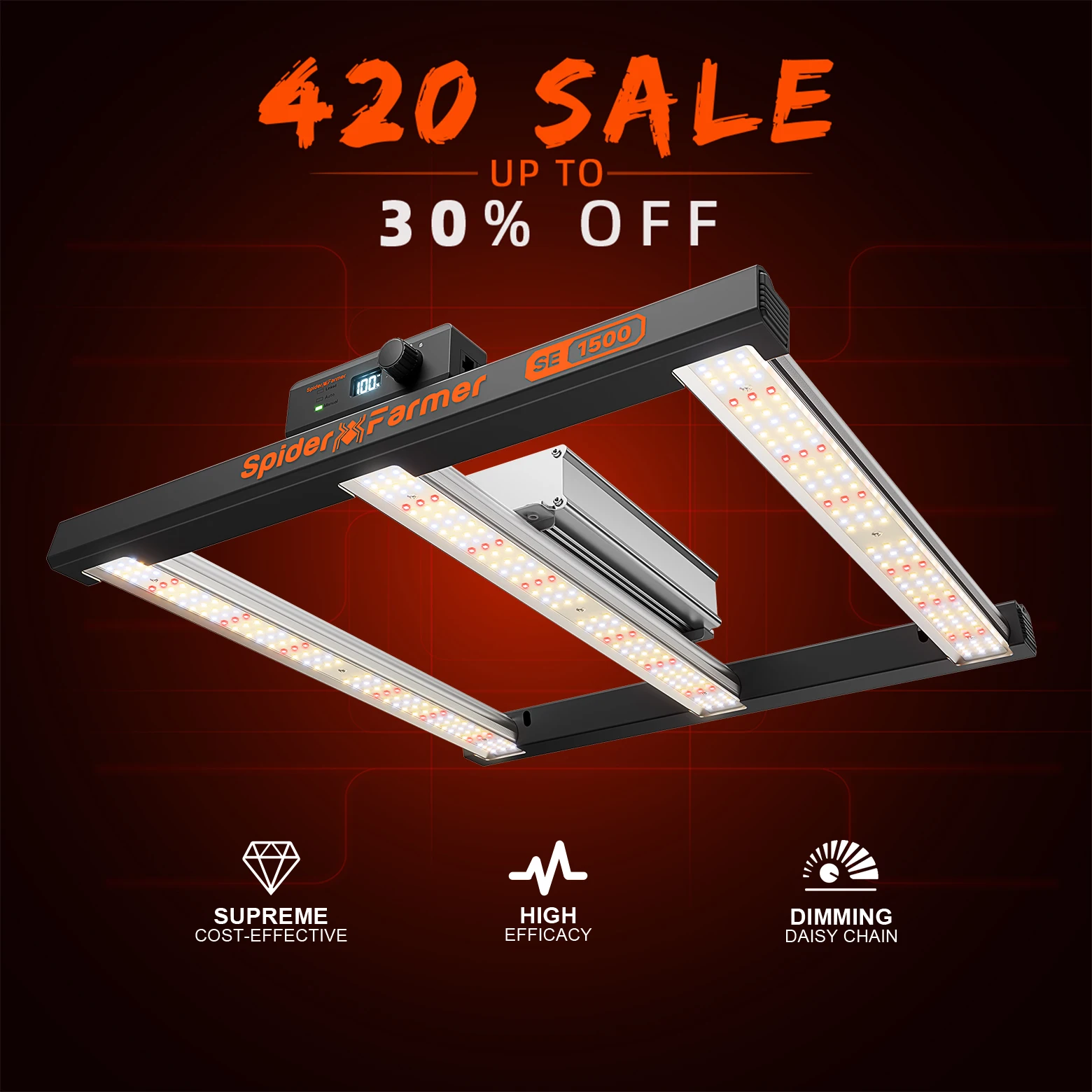 

Spider Farmer SE1500 150W Led Grow Light Dimmable High Efficacy for 2x2FT