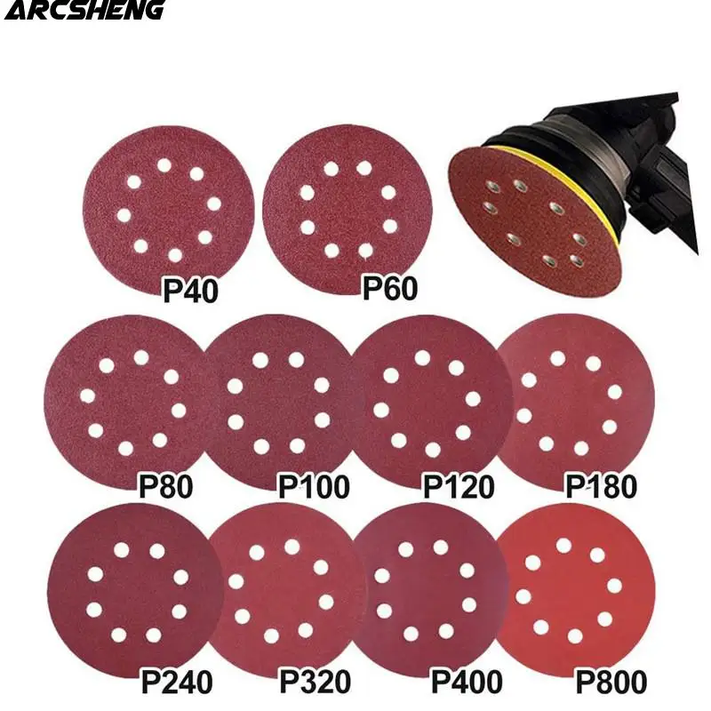 20pcs 5 Inch 125mm Round Sandpaper Eight Hole Disk Sand Sheets Grit 40-800 Hook and Loop Sanding Disc Polish