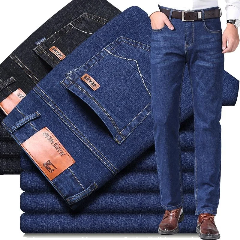 Mens Classic Jeans Solid Color Business Work Pants Straight Denim Casual Pants