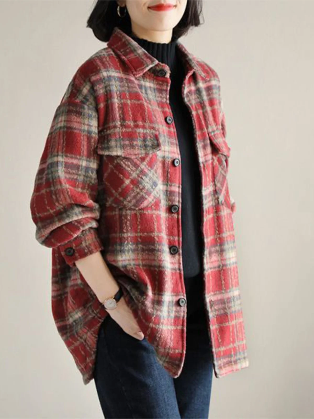 

Retro Hong Kong Sle Women's Plaid irt Thi Warm Floing Outerwear Long Sve Collar Button Detail Loose Fit irt