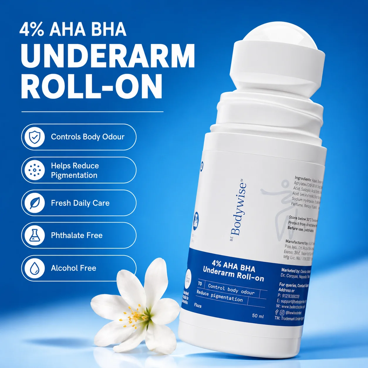 Be Bodywise Underarm Roll‑on 4% AHA‑BHA Exfoliating Deodorant, Odor‑Control Brighten Dark Armpit Gentle Sensitive‑Safe Armpit