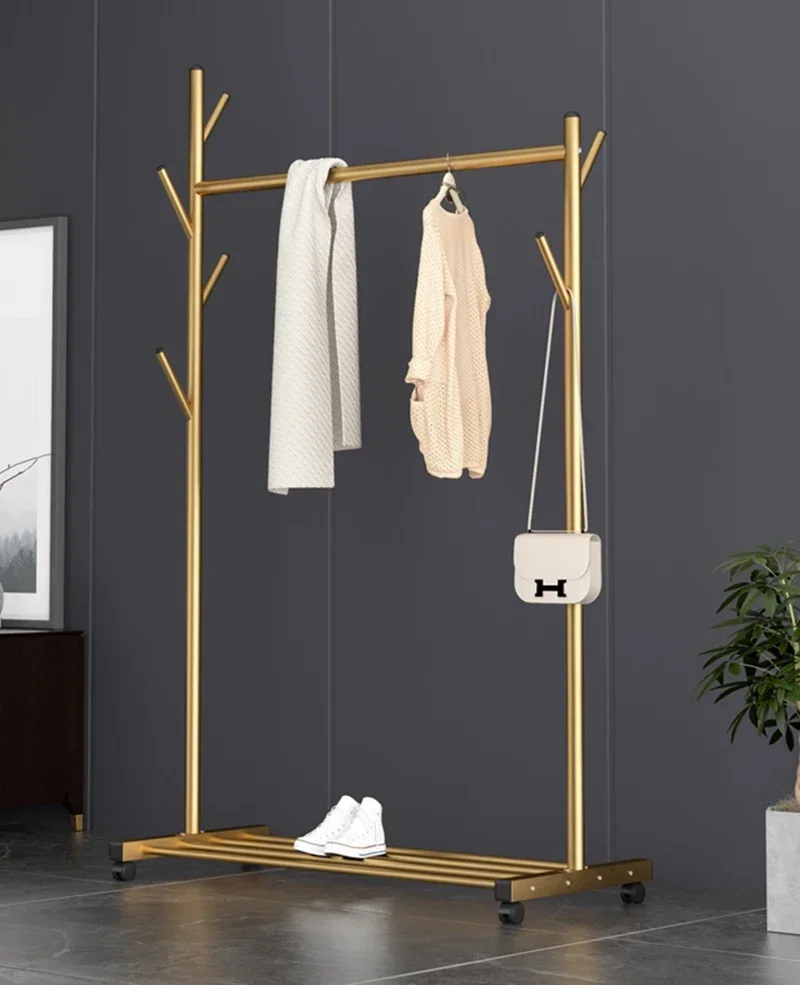 

Single Pole Standing Coat Rack with Wheels Metal Hanger Bedroom Furniture Durable Floor Clothes Rack Hangers Golden Black