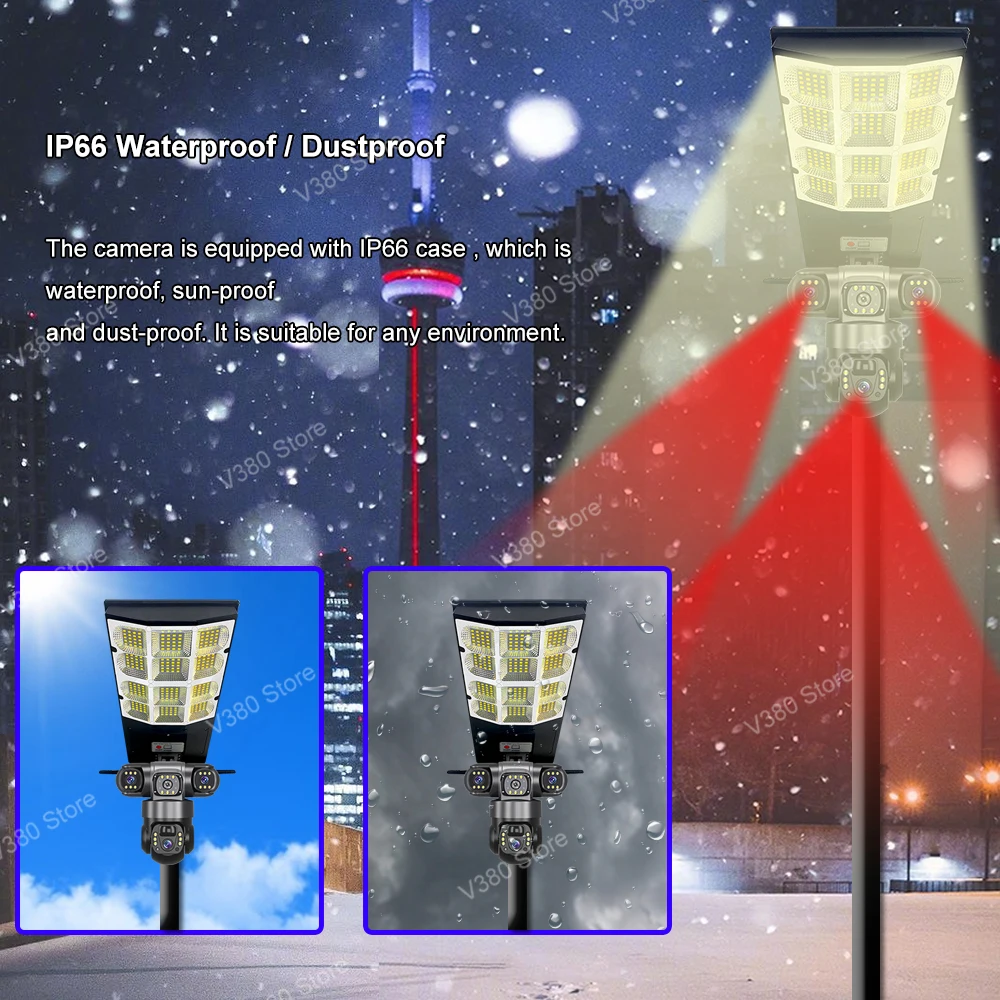 4G Solar Cameras with LED Street Light Outdoor Security Protection 3 Lens Remote Control PTZ Rotation Surveillance CCTV Monitor