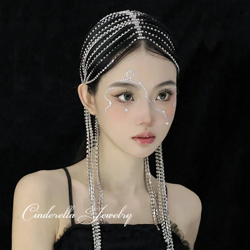 Headdress Women's European and American New Rhinestone Hair Accessories Tassel Hair Chain Exaggerated Ornament Retro BridalProps