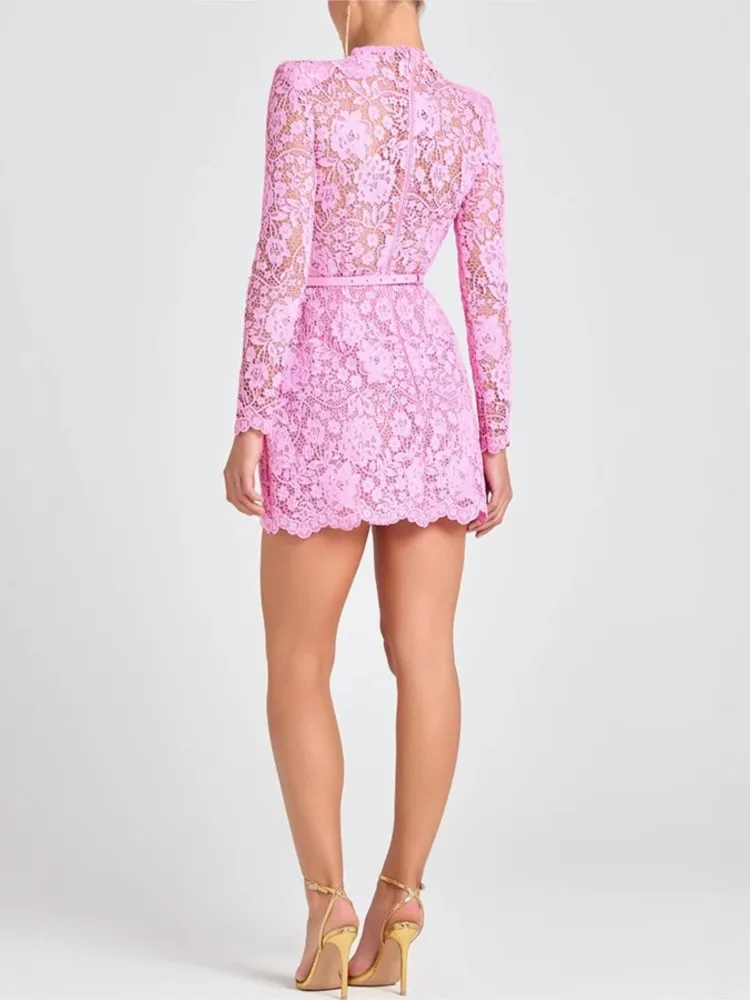 Seksowna Koronkowa Przezroczysta Sukienka z Wycięciami, Wąski Pasek, Długi Rękaw, Elegancka i Prosta Sukienka Damska w Jednolitym Kolorze z Okrągłym Dekoltem i Wysokim Stanem