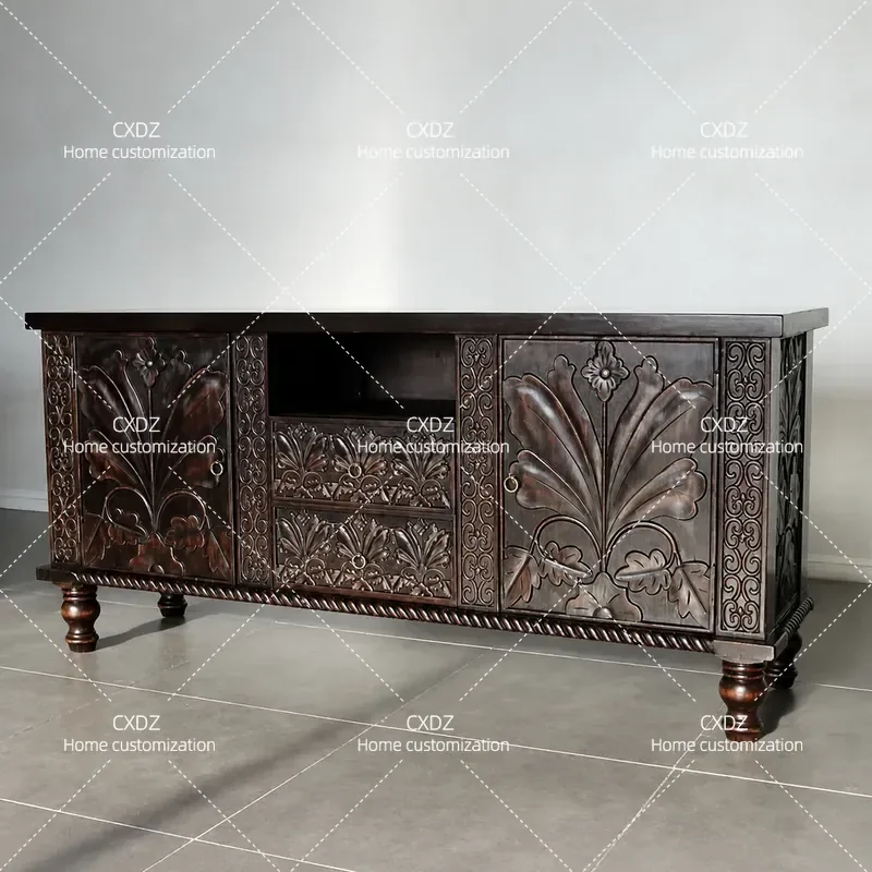 Solid Wood TV Cabinet Chinese Elm Wood Wax Oil Finish Modern Media Console Storage Unit for Small Apartment Living Room