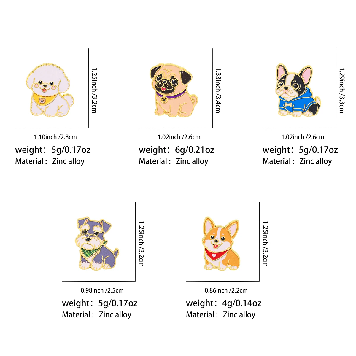 5pcs/set Cute Dog Enamel Pins Cartoon Lapel Brooch Zinc Alloy Badge for Backpack Jacket Hat Pet Lover Gift
