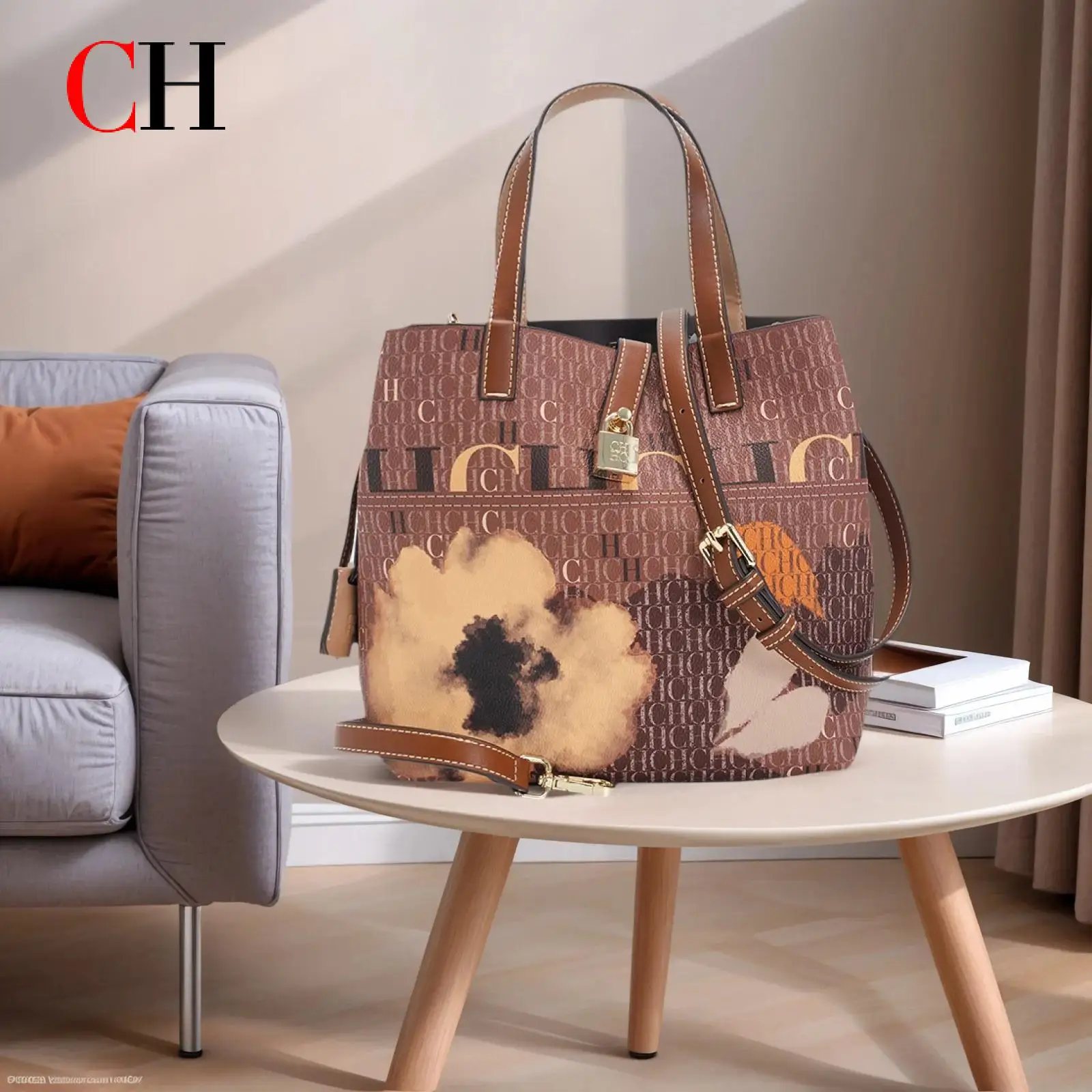

CH Luxury Letter Print Tote Bag for Women Large Capacity PU Leather Shoulder Bag Retro Casual Handbag 2026 Year of Gift