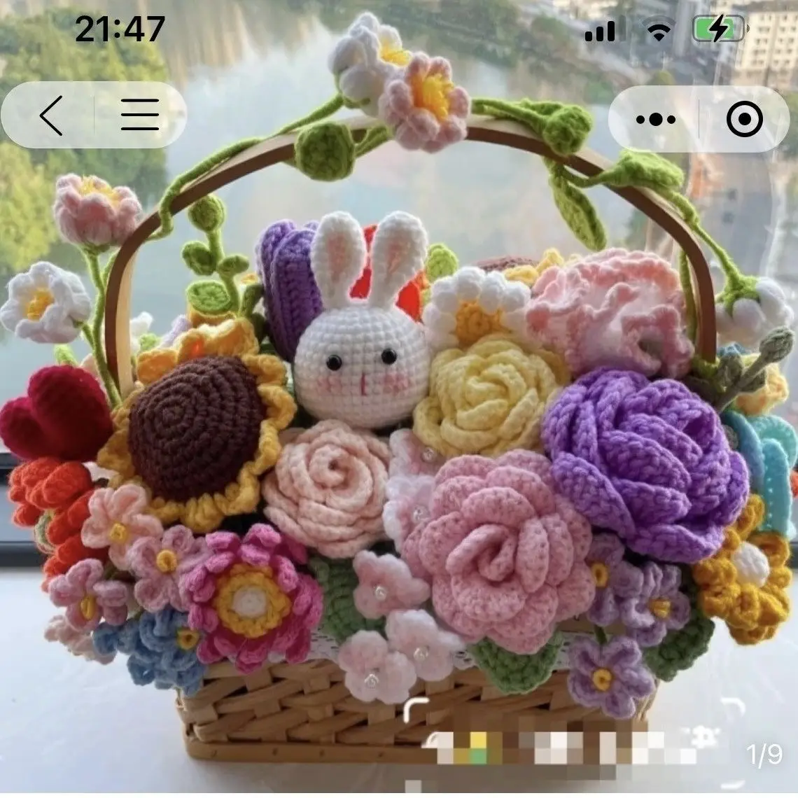 Finished handmade woven bamboo basket, sunflower, small rabbit, mixed bouquet, hook knitted flower basket, table display,