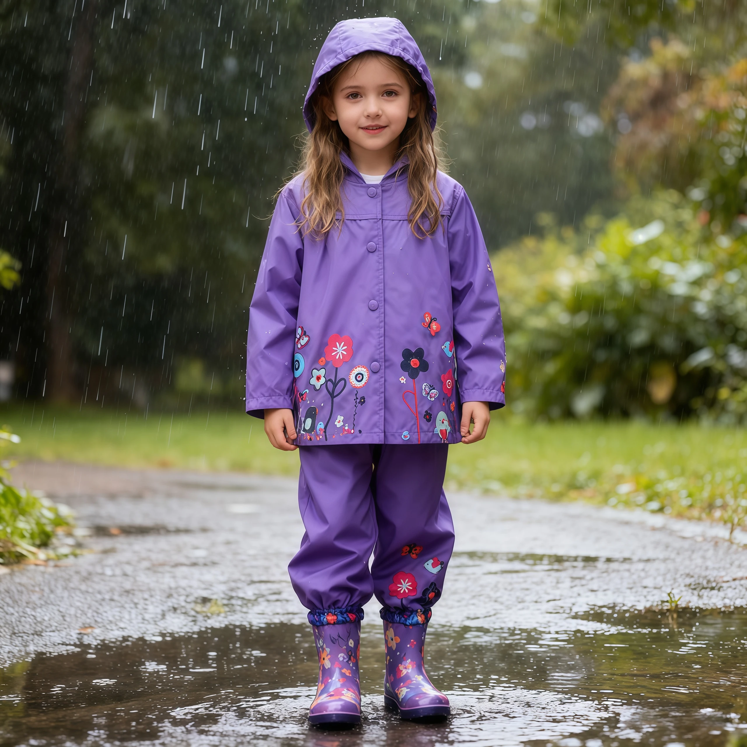 Autumn Spring Raincoat Children Long Sleeve Flower Waterproof Jacket Coat With Pants For Toddler Casual Clothing Tracksuits