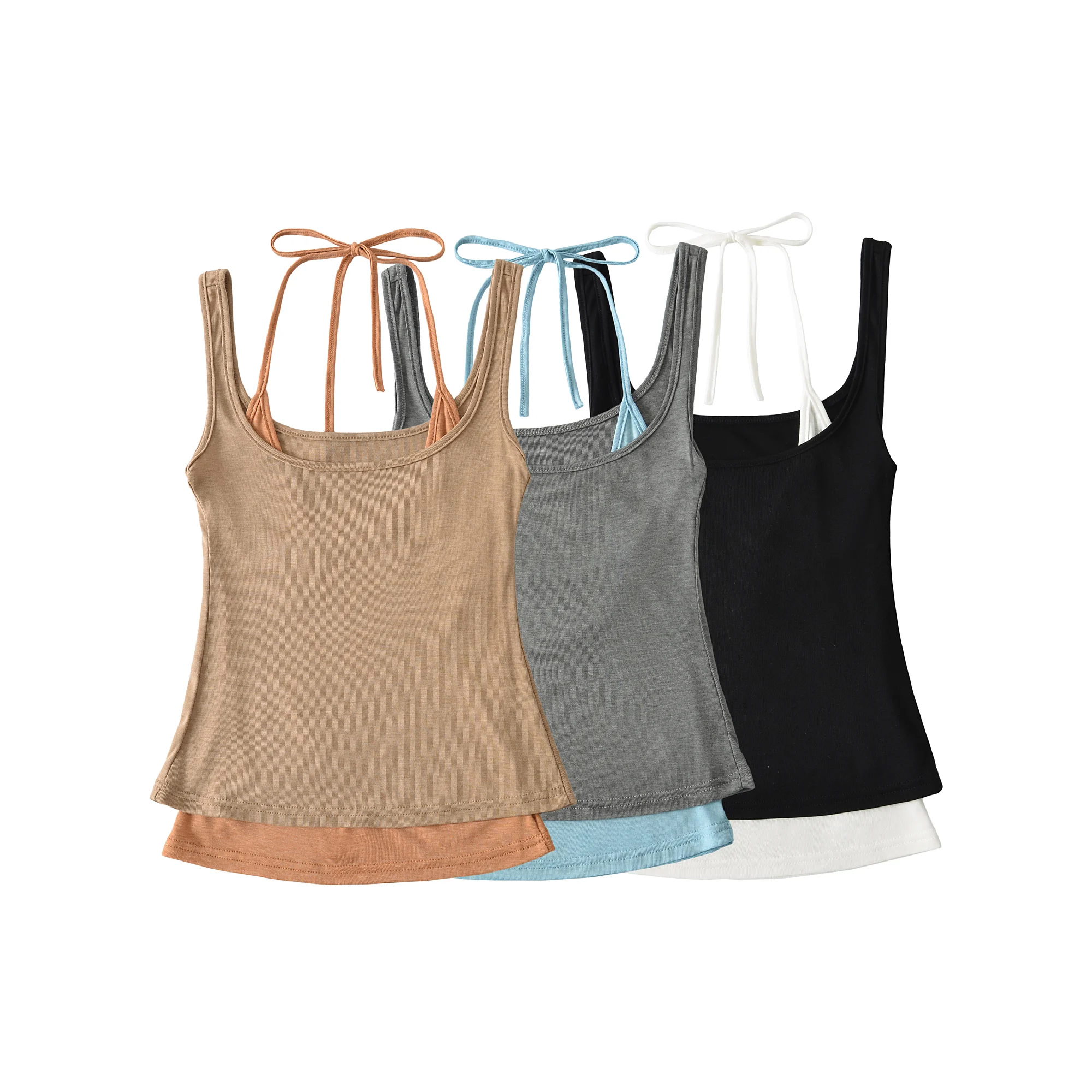 3 color Flase 2 pieces Bow Lacing Up Bow Halter Jersey Camisole Women Summer Yoga Bra Base Tank Tops Girl Slim Crop Top Grey