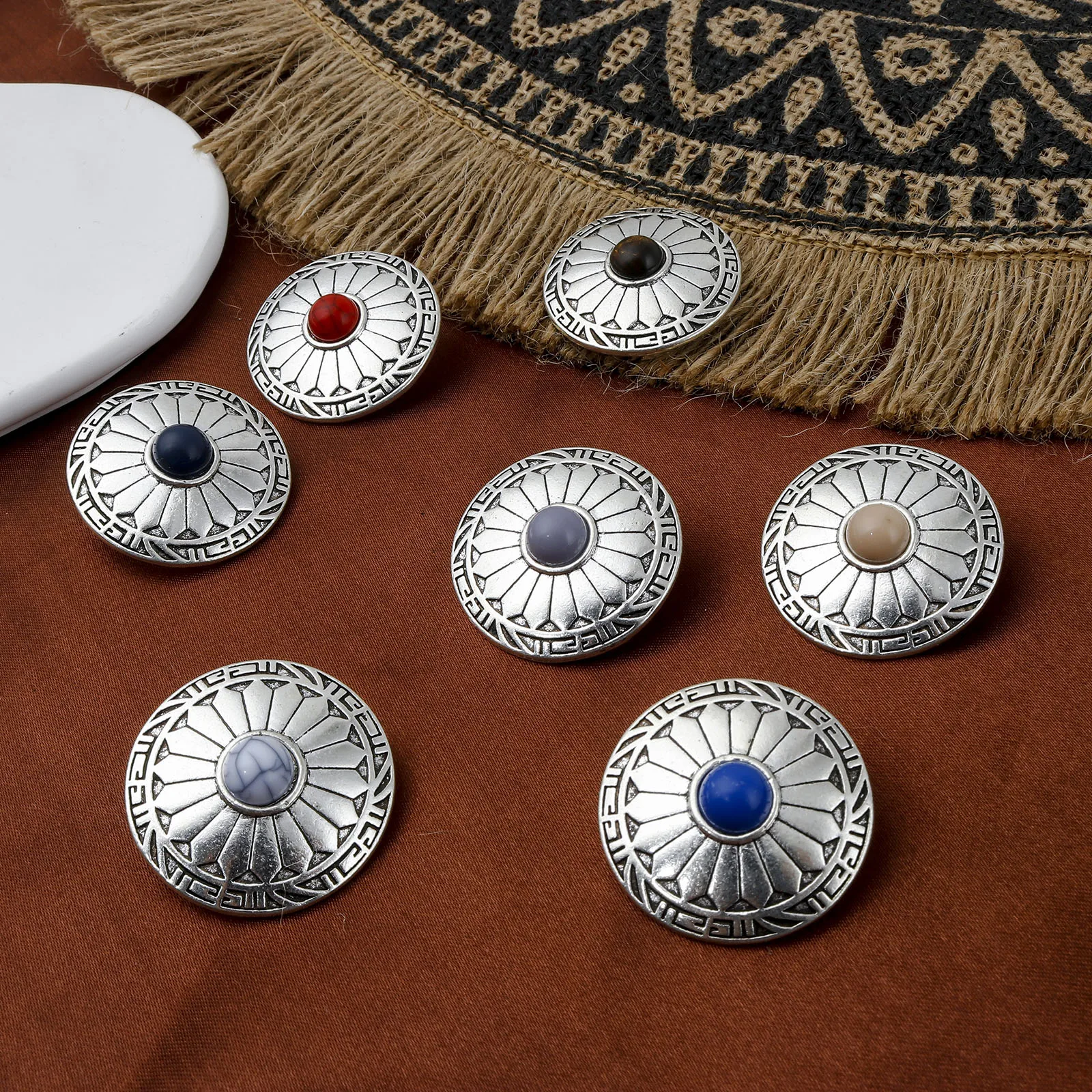 3cm Bohemian Metal Sewing Shank Round Buttons Antique Silver Color Carved Pattern With Resin Cabochons DIY Decor Crafts,3PCs