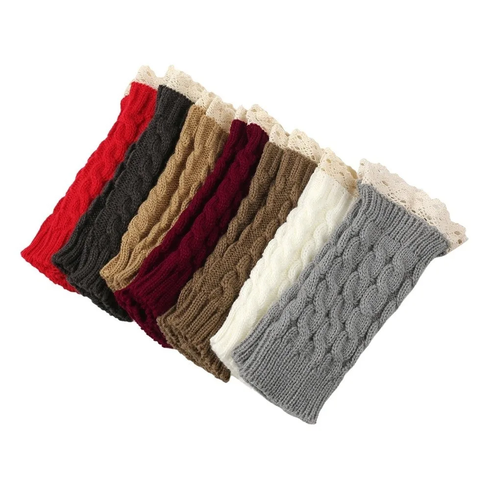 Fashion Lace Trim Fingerless Mittens Long Thicken Women Knitted Gloves Warm Wrist Protection Arm Warmers Winter Season