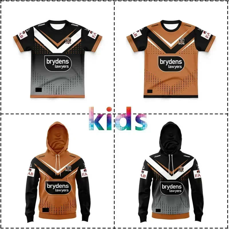 2024 Wests Tigers Kids Kit Hoodie Hat Home / Away Rugby Jersey الحجم: 16-26 (طباعة رقم الاسم المخصص)